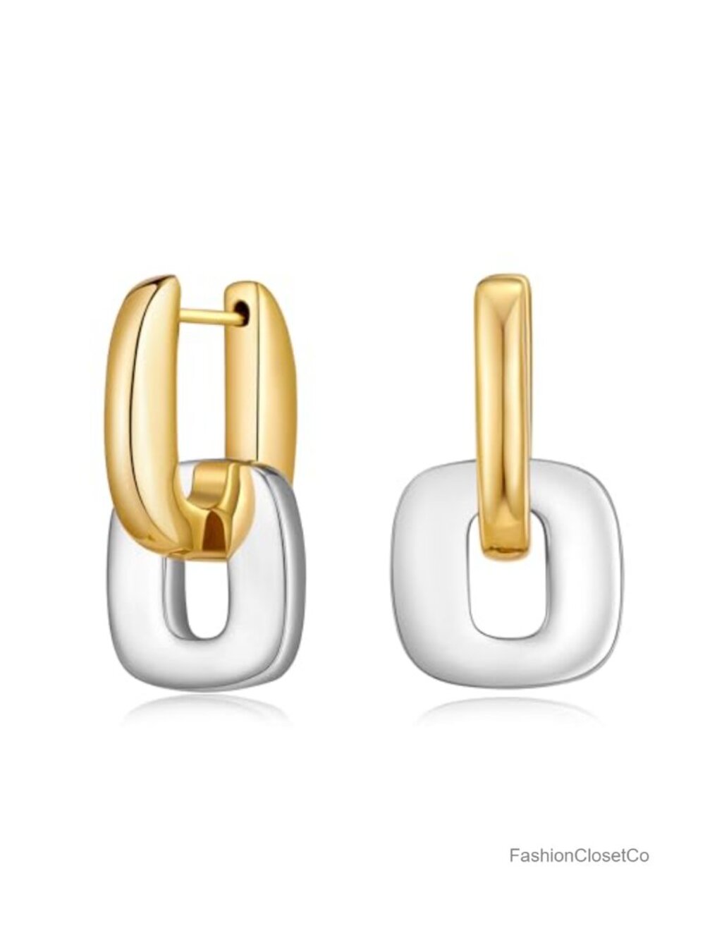 Two Tone Mixed Metal Paperclip Link Dangle Earrings Gold Silver